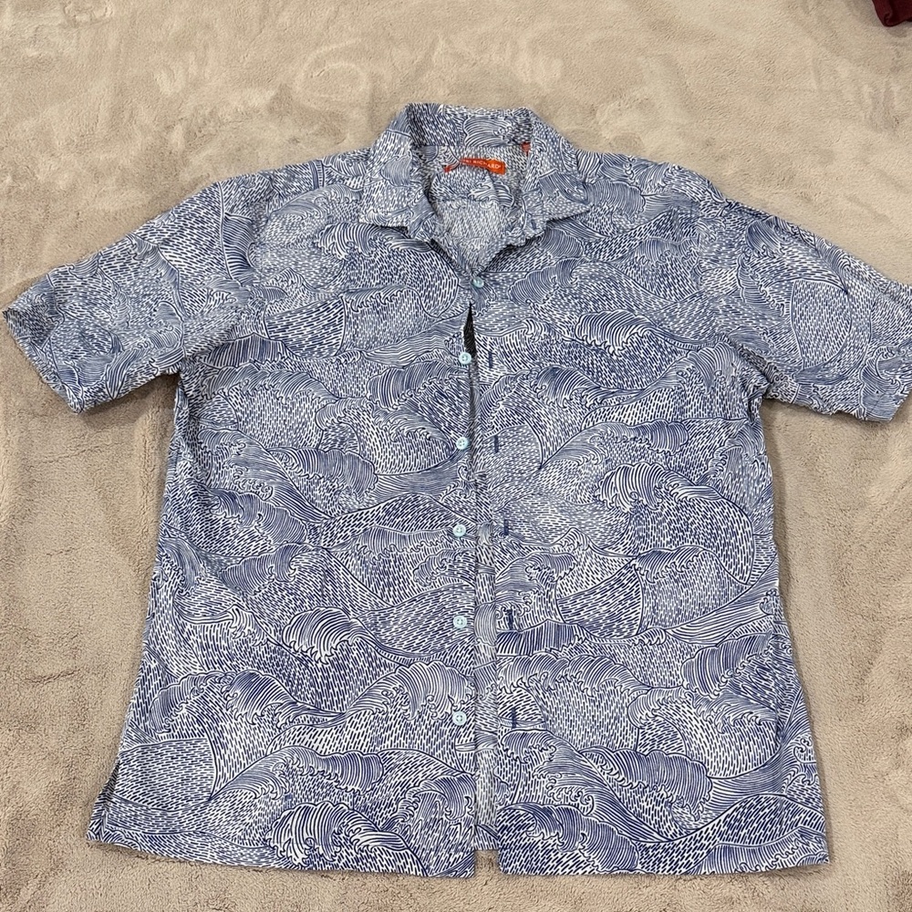 Tori Richard Blue and White Wave Pattern Shirt Size M